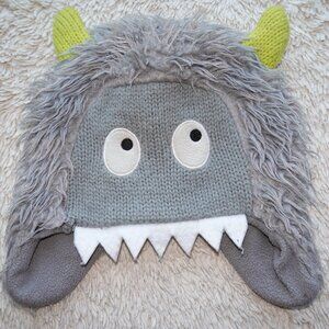 Toddler Gray Furry Monster Beanie Hat with Ear Flaps to Stay Warm